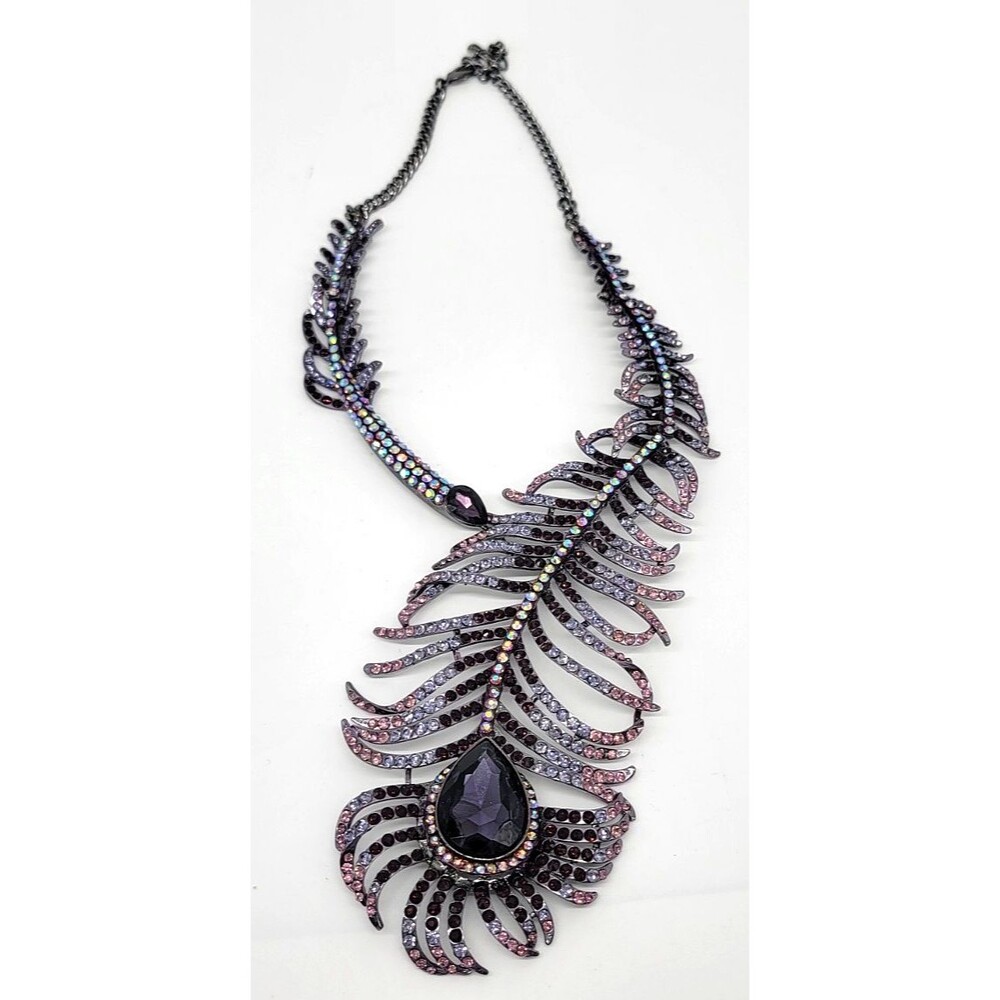 Sophia Purple AB Rhinestone Statement Necklace Earrings Set Peacock Feather
